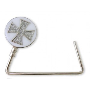 Bag Hanger - 12 PCS  - Enamel w/ Glittery Cross - White - BH-GB454W